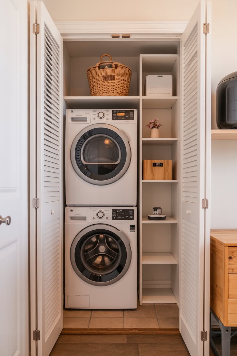 Laundry closet with white louvered doors concealing stacked machines and storage