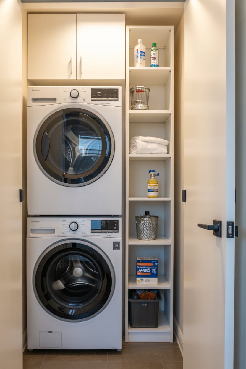 Laundry machines integrated into bedroom closet with white doors and side storage