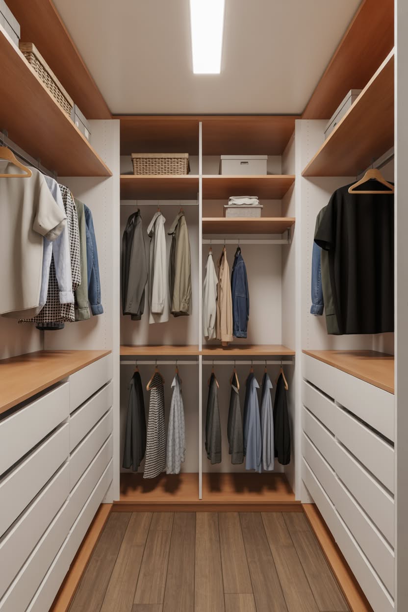 Modern walk in closet with warm wood shelving and white drawers featuring double hanging rods
