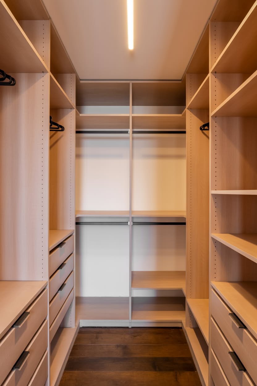 Elegant walk in closet with central island and crown molding