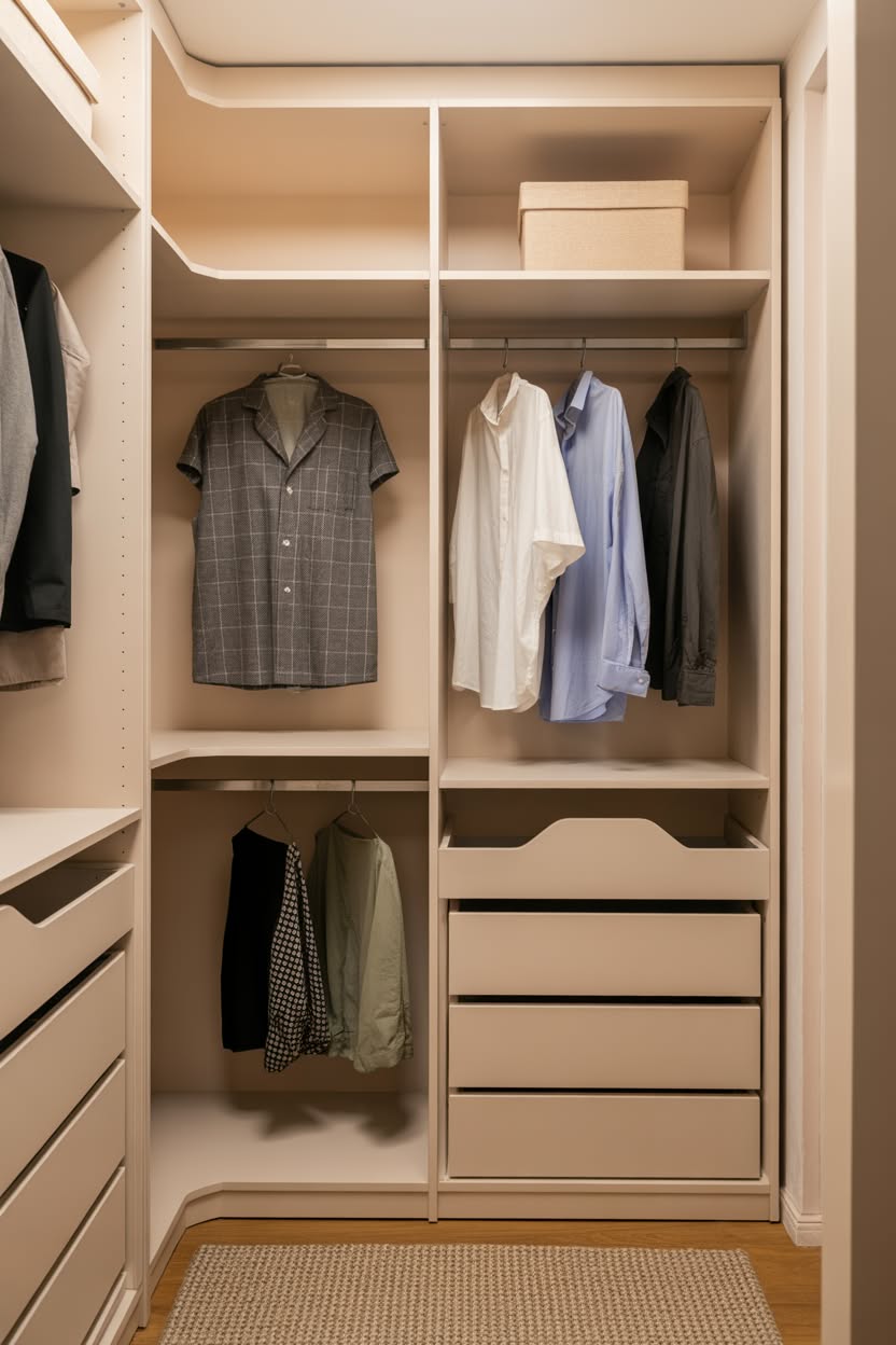 Peach colored walk in closet with dedicated shoe storage and hanging space