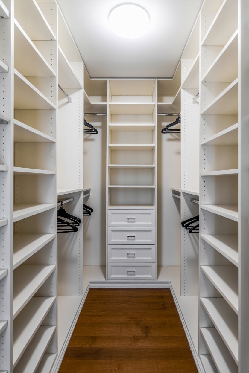 Minimalist white walk in closet with simple shelving and hanging rods