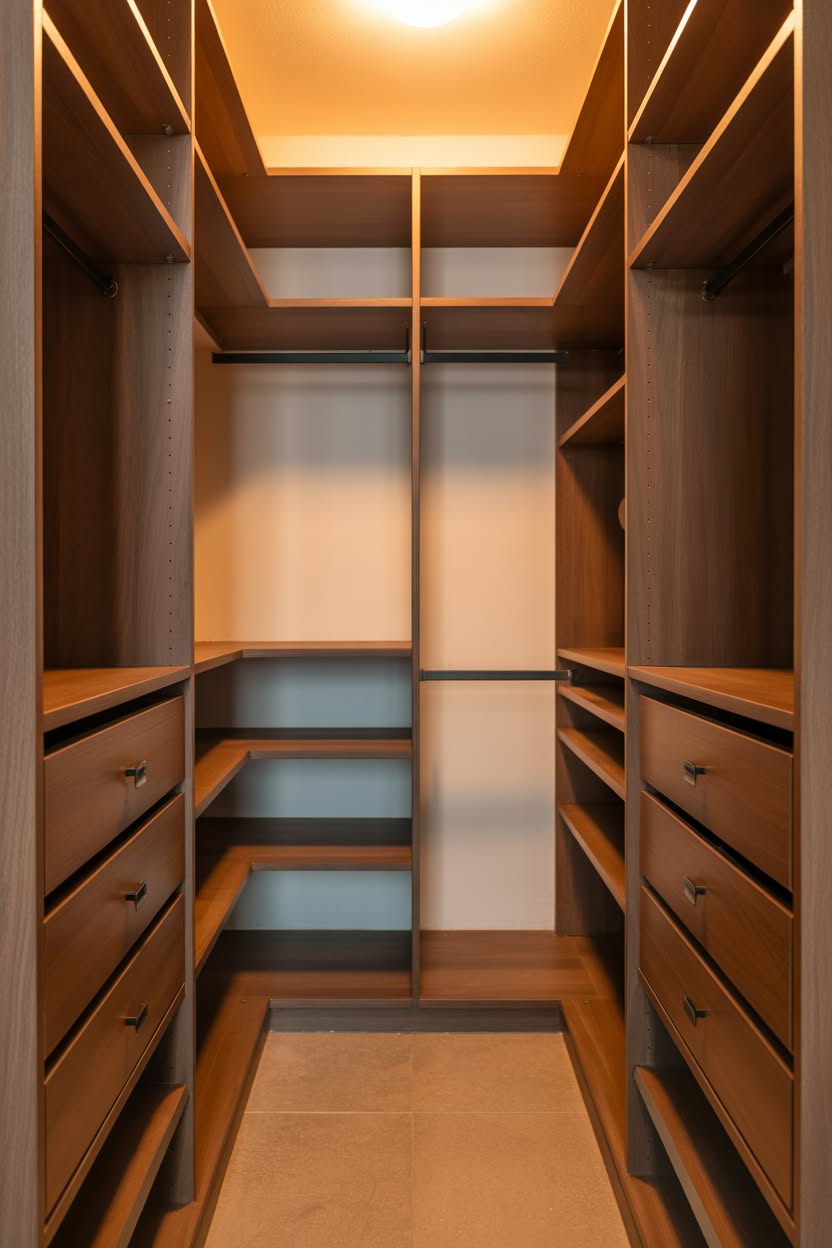 U-shaped walk in closet with mixed wood finishes and central storage unit