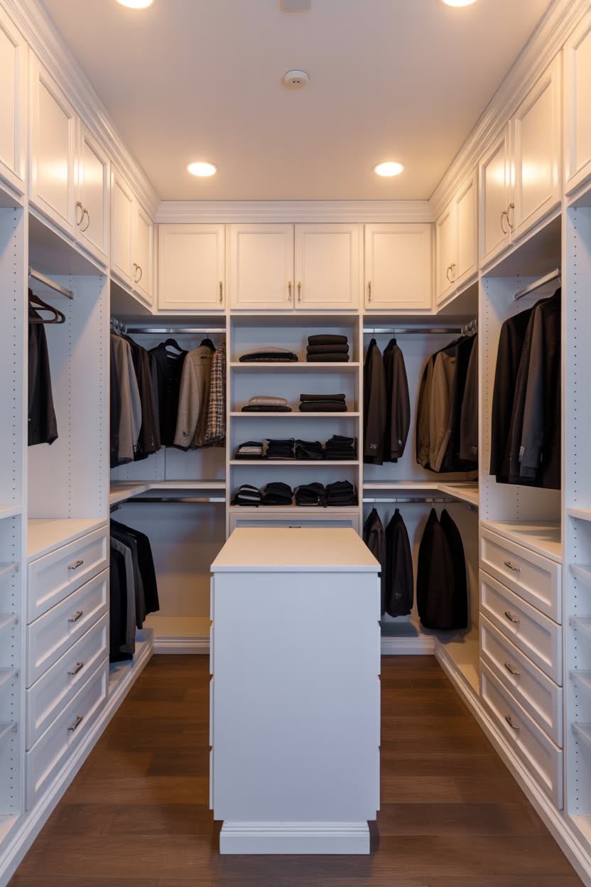 Bright walk in closet with floor to ceiling storage and organized sections