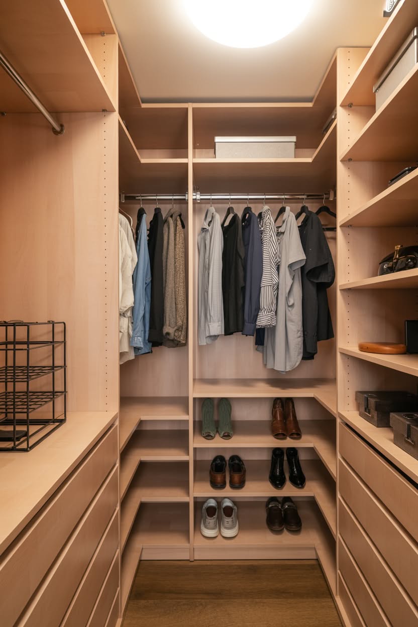 Warm wood walk in closet with built-in LED lighting
