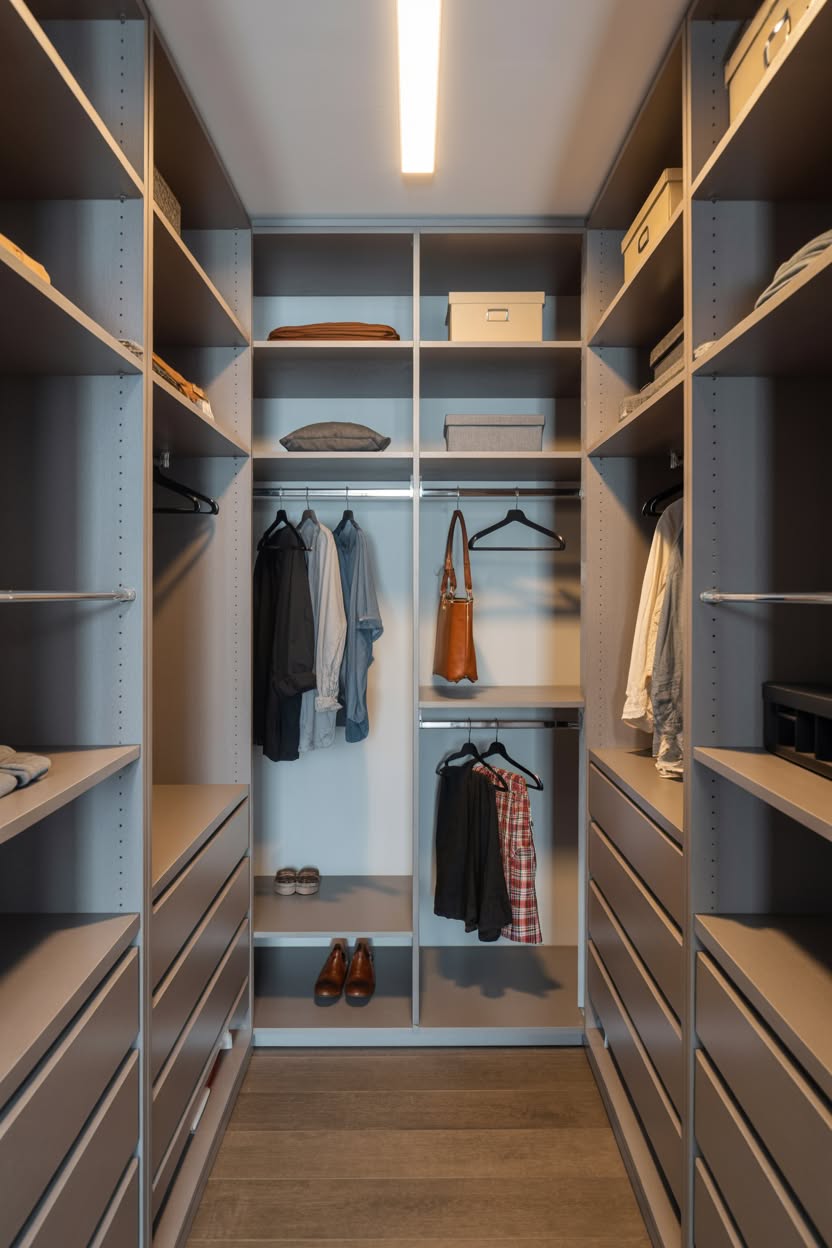 Two-tone walk in closet with asymmetrical shelving design
