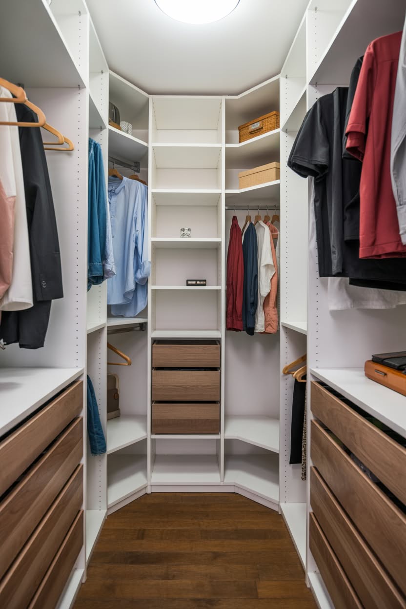 Corner walk in closet with curved shelving and mixed storage
