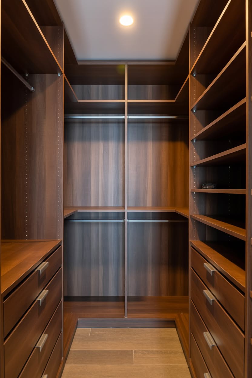 Dark wood minimalist walk in closet with clean lines
