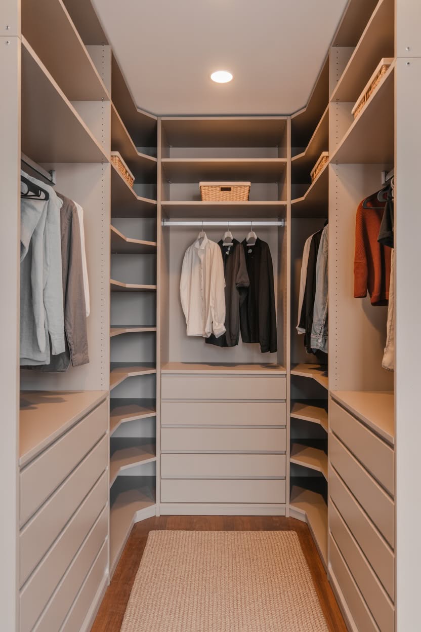 U-shaped walk in closet with central storage unit and curved corners