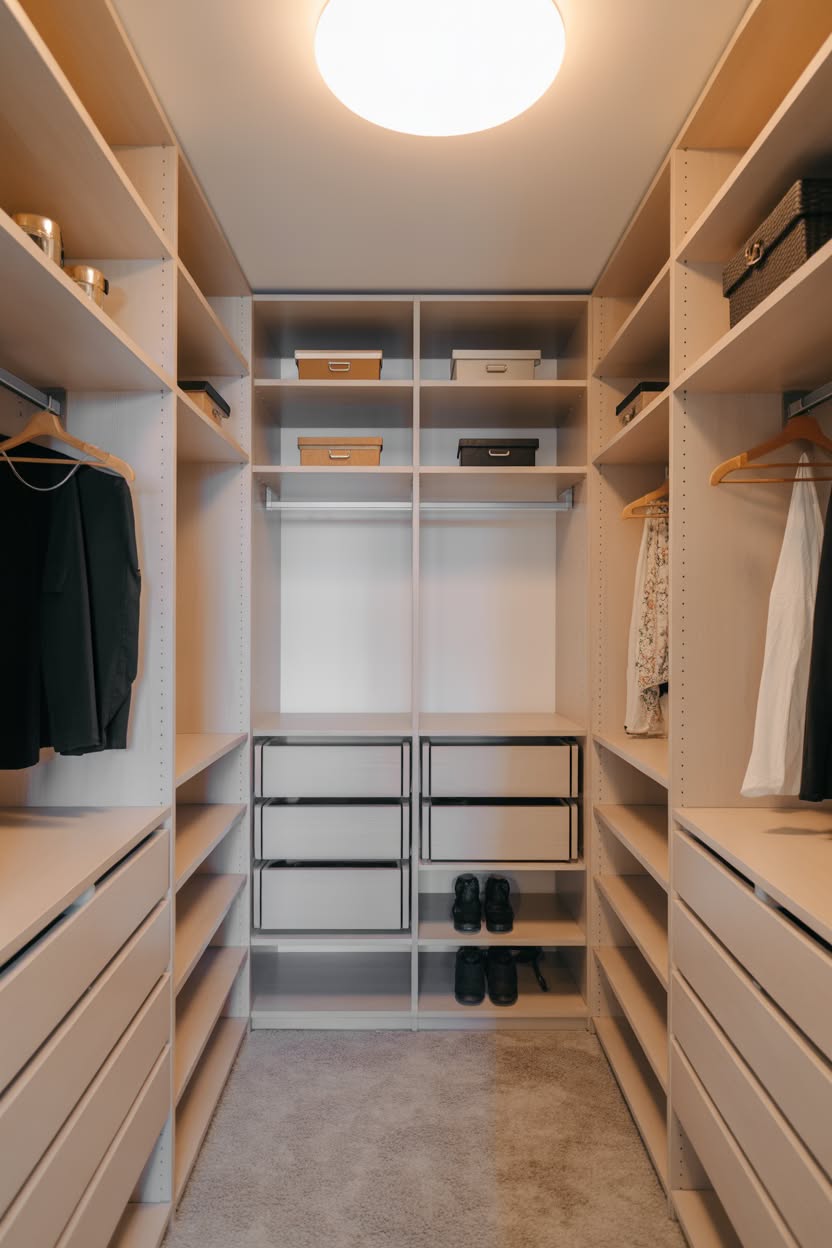 Light filled walk in closet with adjustable white shelving and organized storage boxes