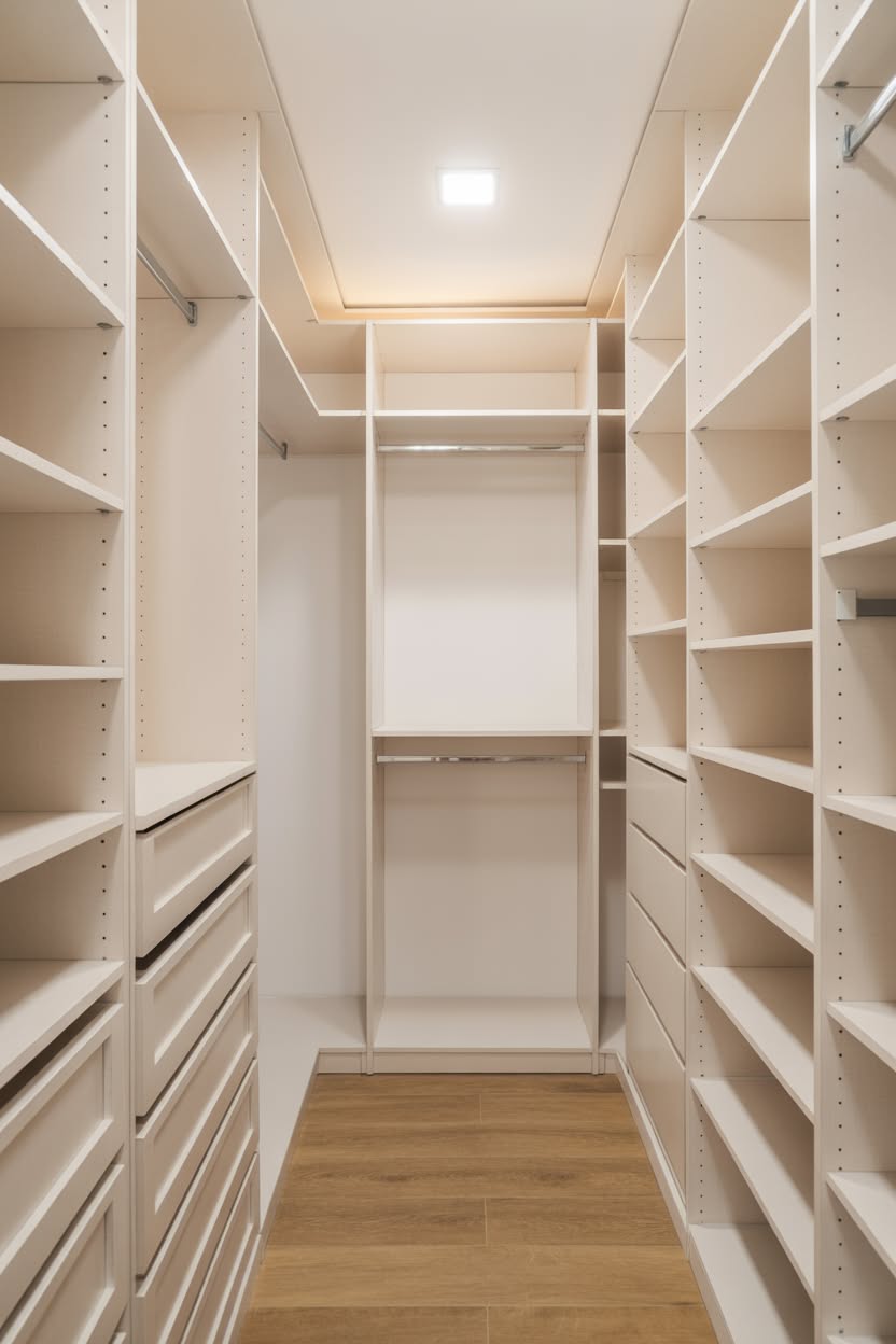 Bright white walk in closet with modular shelving system