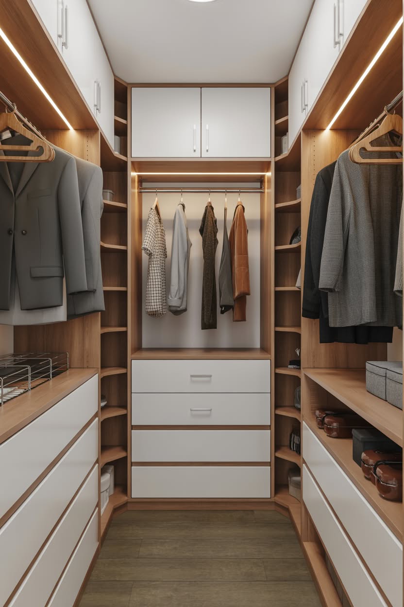 Modern walk in closet with under-shelf LED lighting and two-tone design