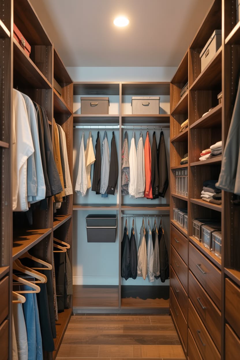 Warm wood walk in closet with double hanging rods and shoe storage