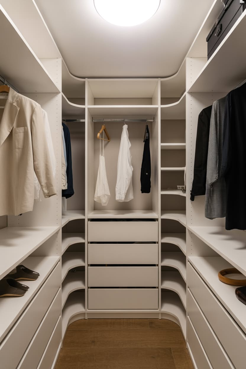 Contemporary walk in closet with mixed wood and white finishes