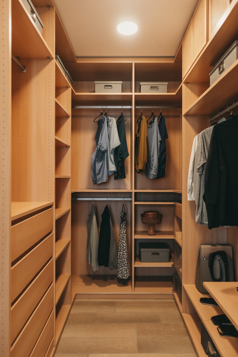 Sophisticated walk in closet with built-in seating and organized storage