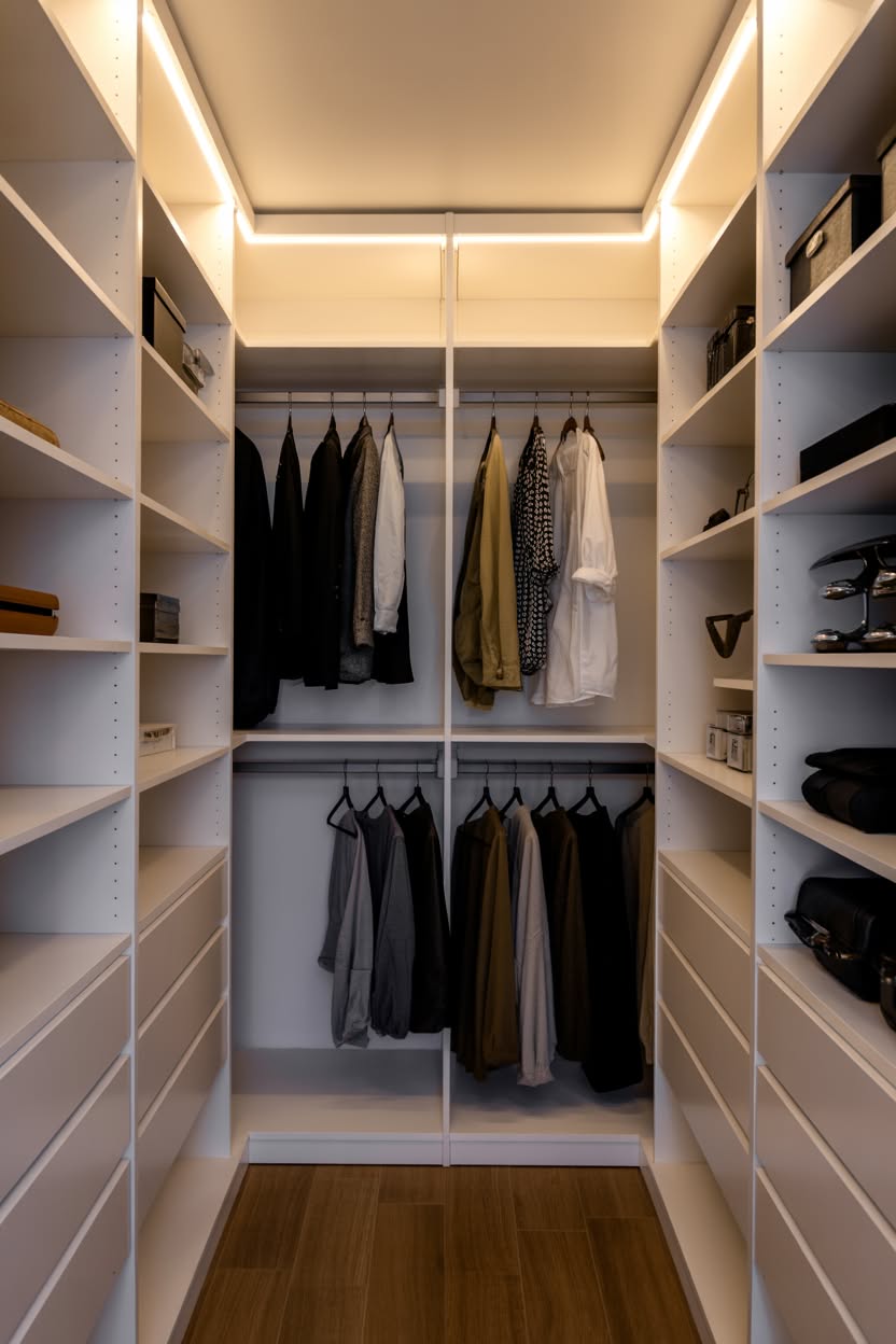 Modern U-shaped walk in closet with central storage tower and LED lighting