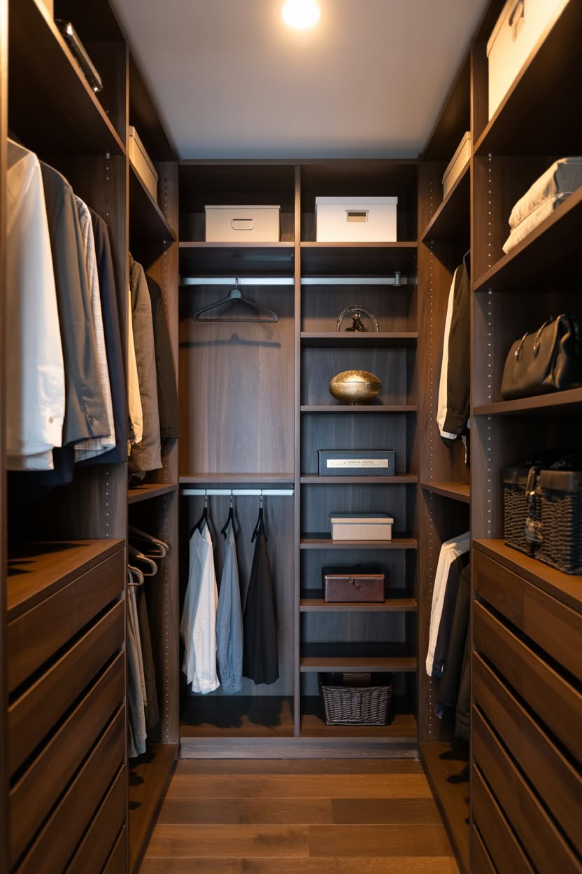 Dark wood walk in closet with built-in shelving and hanging space