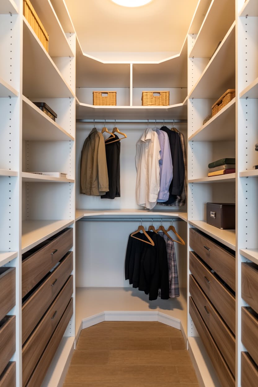 L-shaped walk in closet with curved corner shelving and woven storage baskets