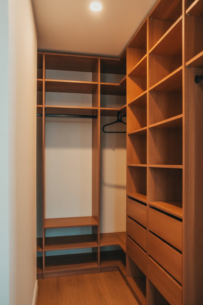 Orange wood tone walk in closet with minimalist design and built-in drawers