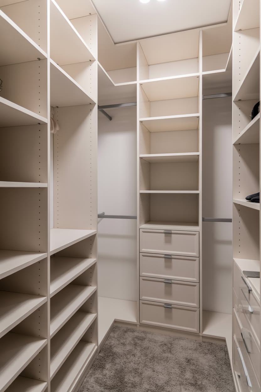 Bright white walk in closet with adjustable shelving system and central drawers