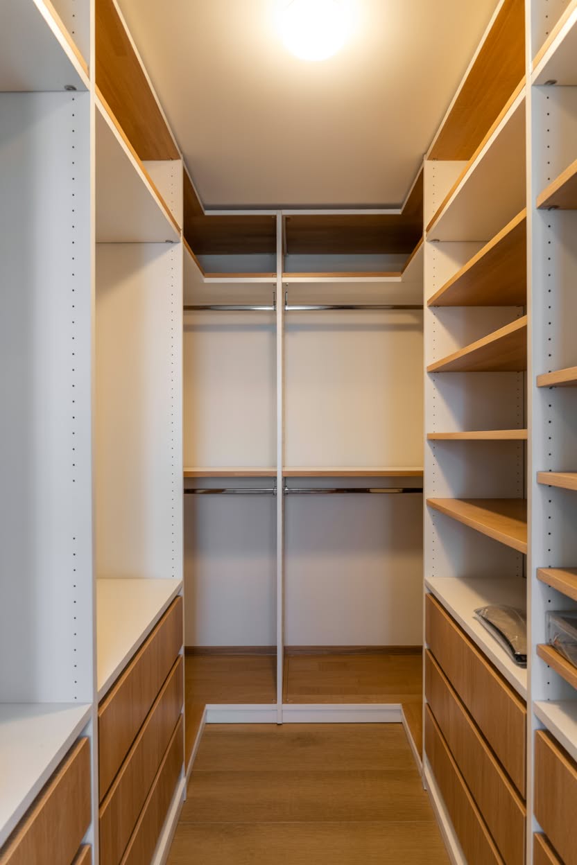 U-shaped walk in closet with warm wood shelving and organized hanging clothes