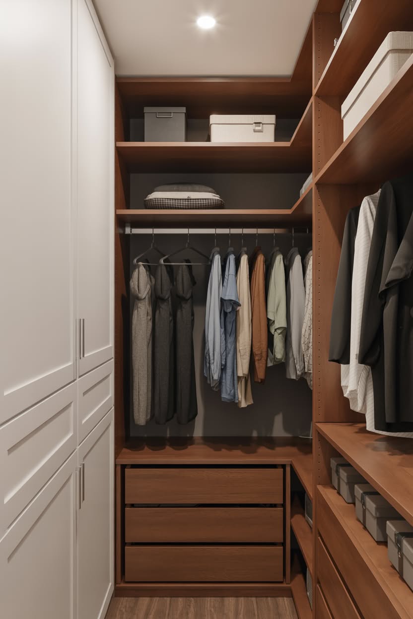 Modern walk in closet with two-tone finish and corner hanging section