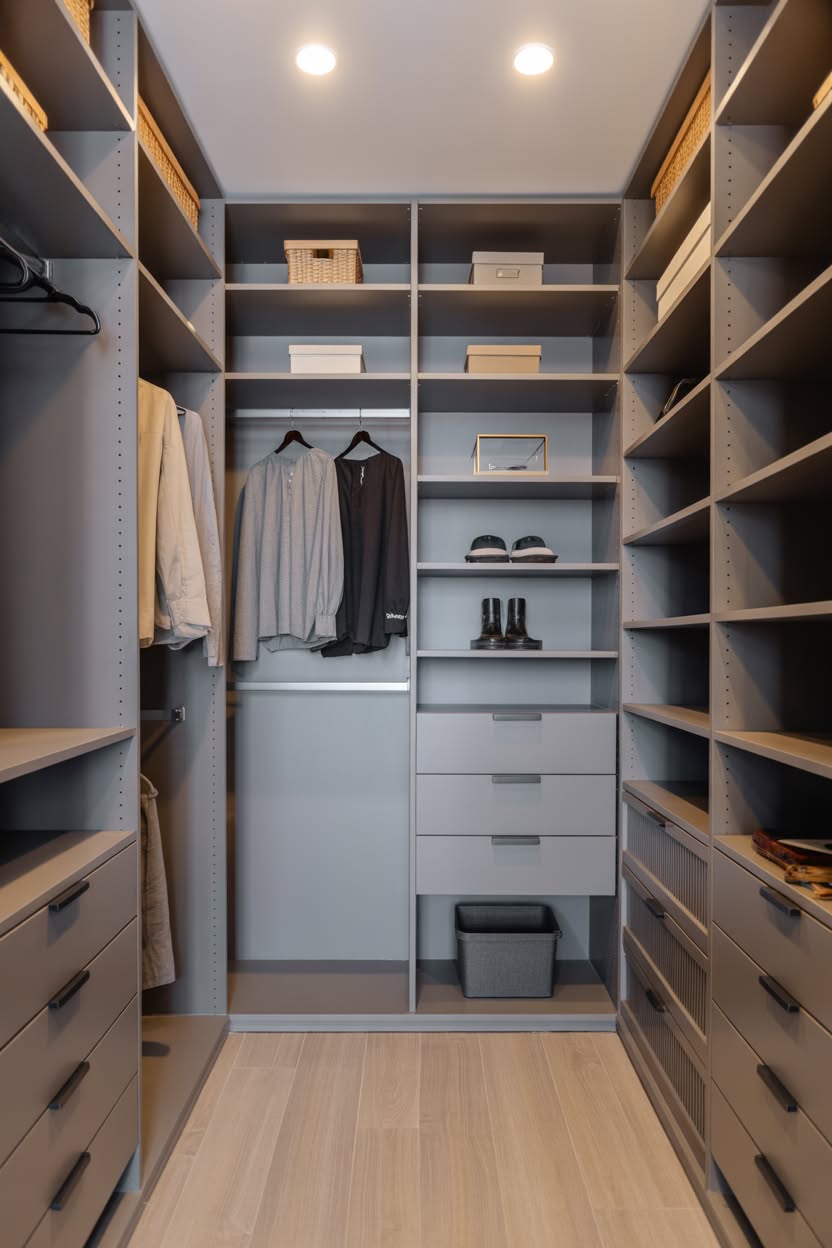Gray modern walk in closet with built-in lighting and organized storage boxes