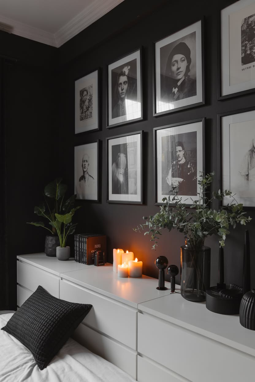 Black accent wall with vintage black and white portrait gallery and white IKEA dresser