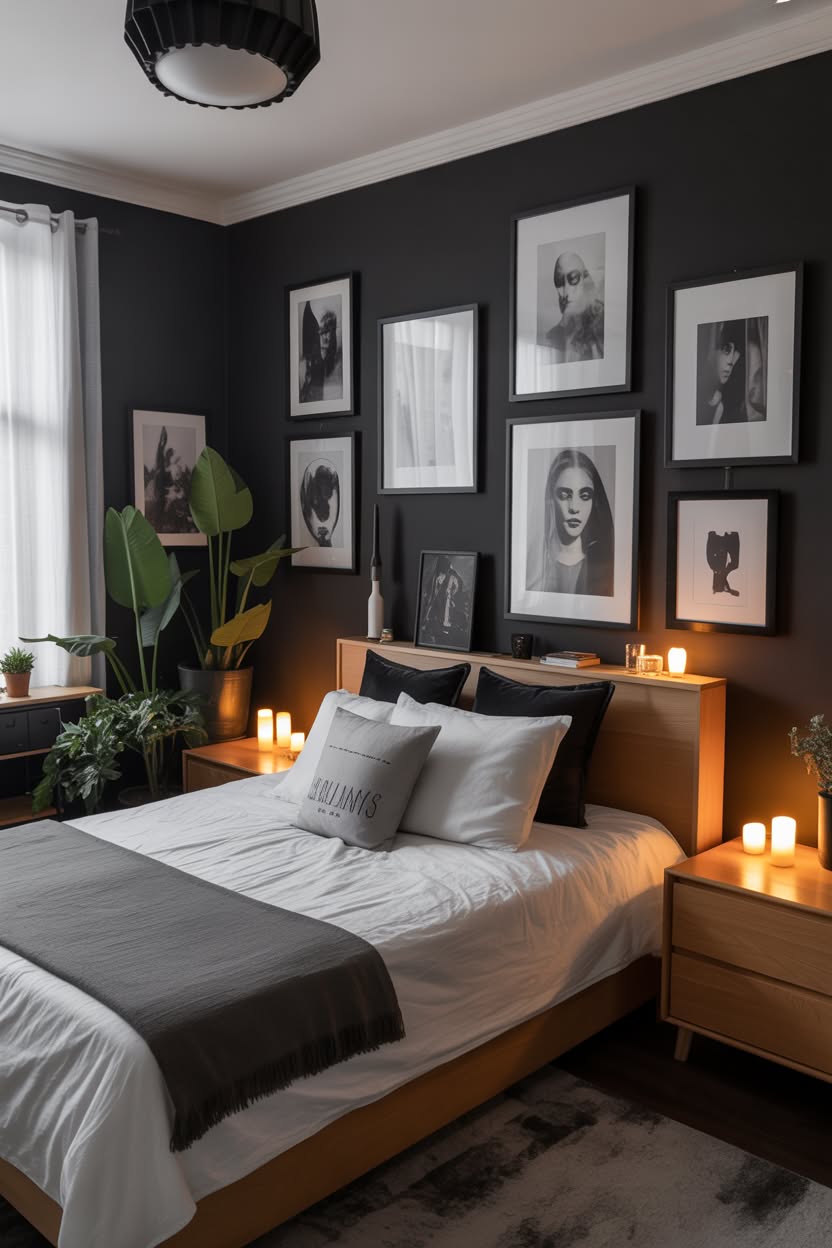 Dark charcoal bedroom with vintage portrait gallery and plants