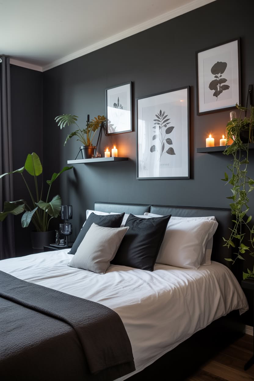 Dark green bedroom with botanical prints and floating shelves