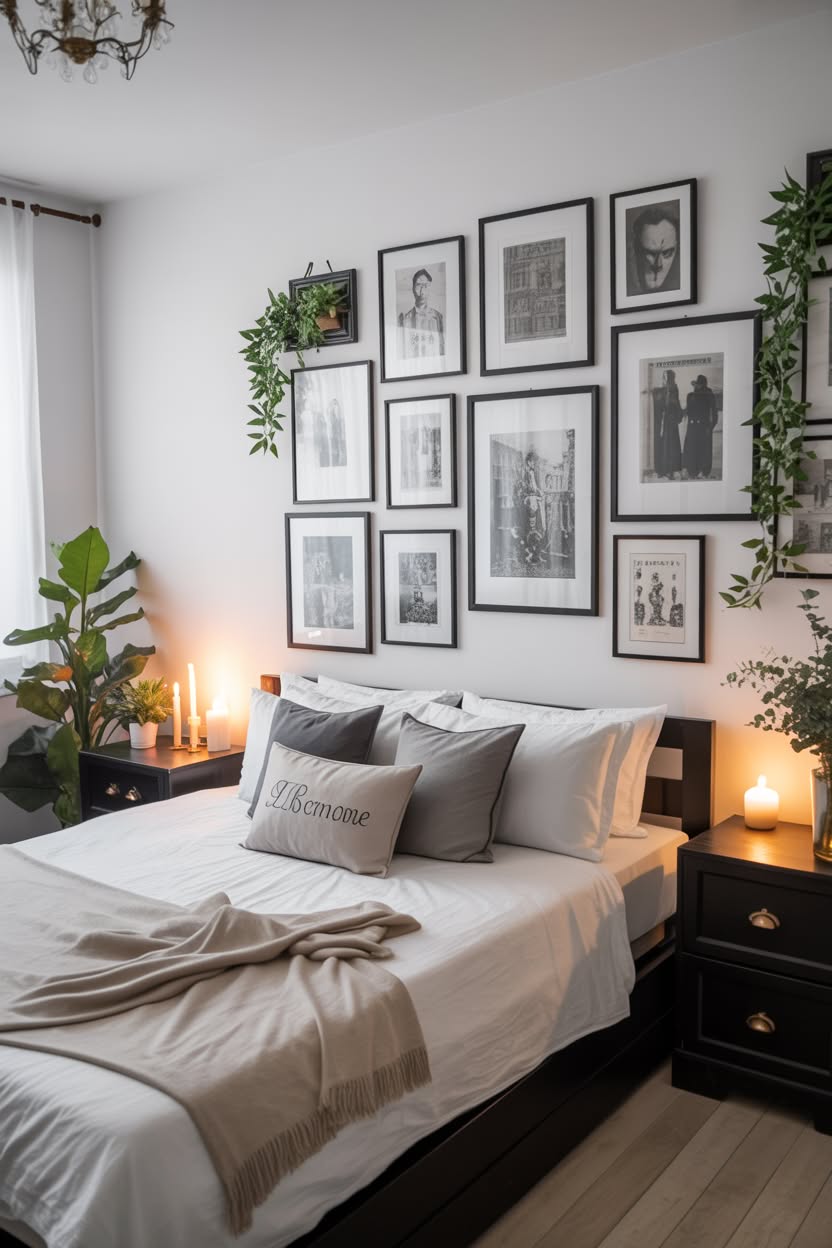 Grey bedroom with black metal bed frame and wall-mounted shelving