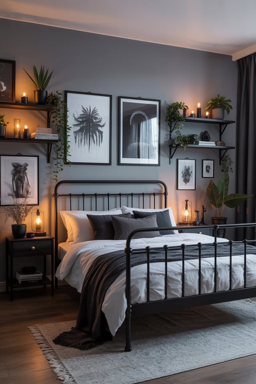 Black accent wall with architectural photography and modern bed