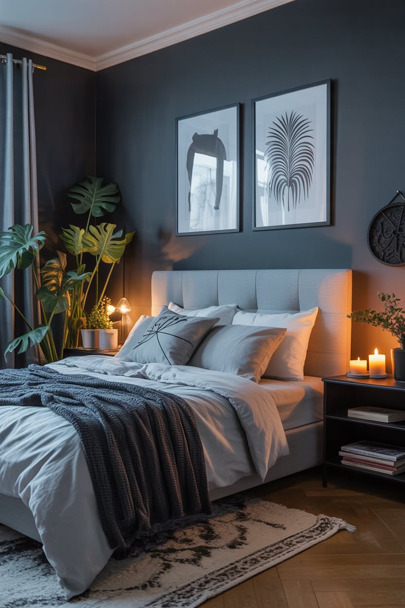 White bedroom with black geometric trim and curated gallery wall