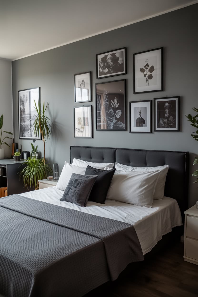 Dark charcoal bedroom with mixed portrait gallery and candle lighting