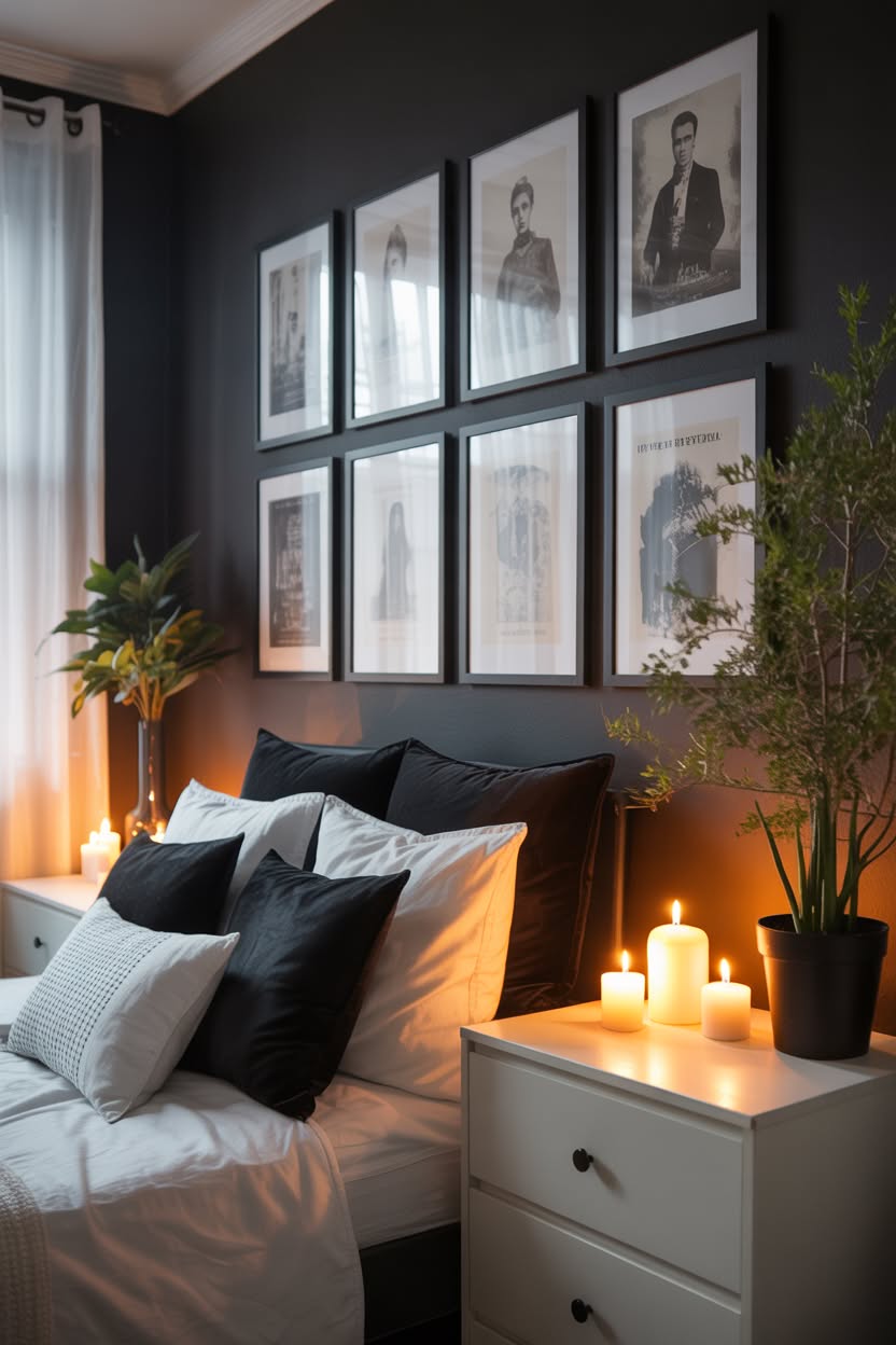 Black accent wall with vintage architectural photography and white bedding