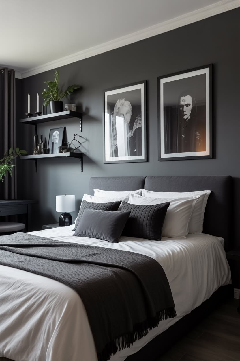 Grey bedroom with floating shelves and minimalist portrait art