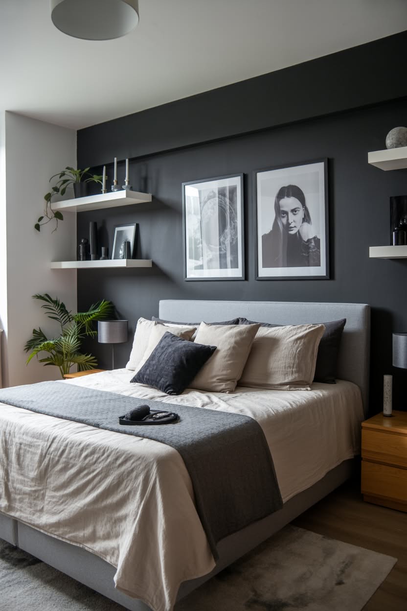 Dark grey bedroom with white floating shelves and modern portrait art