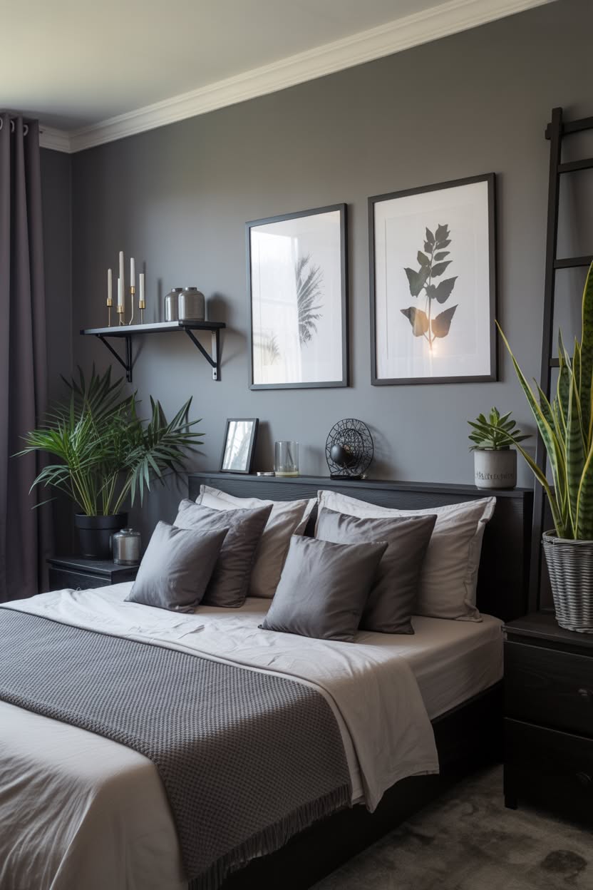 Grey bedroom with botanical prints and ladder shelf styling