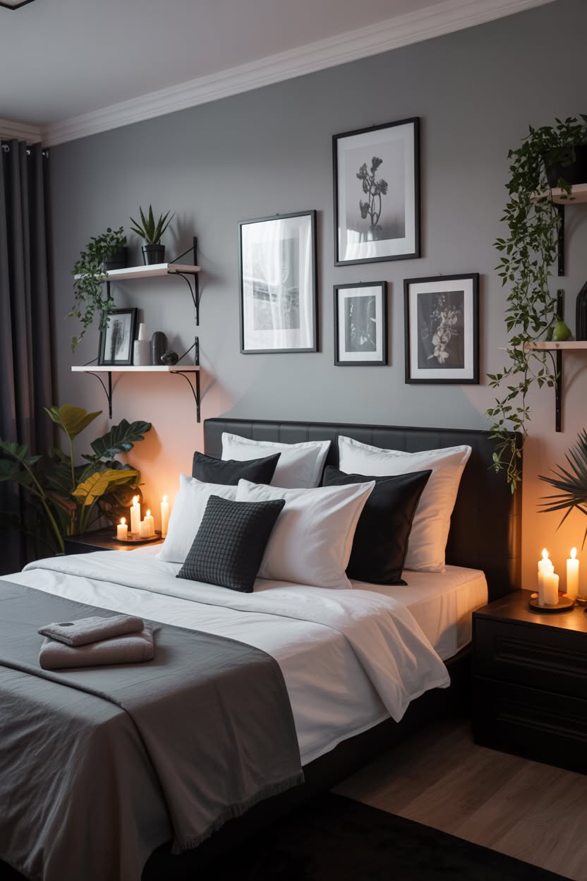 Grey bedroom with black and white botanical prints and candle lighting
