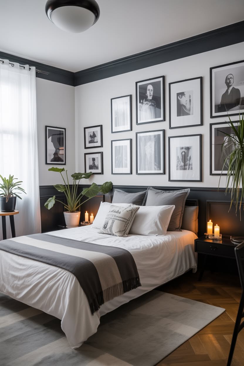 White bedroom with dark crown molding and extensive black and white portrait gallery