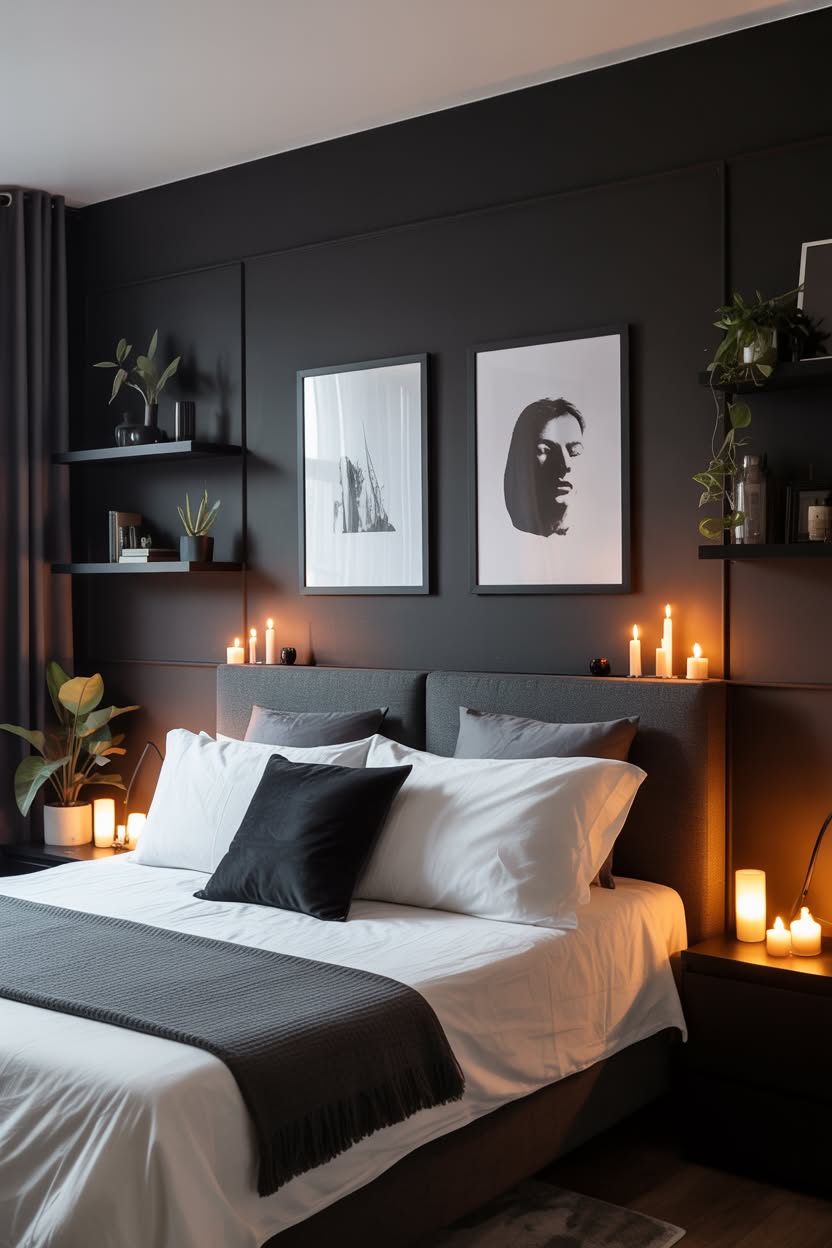 Deep green bedroom with black built-in shelving and modern art prints
