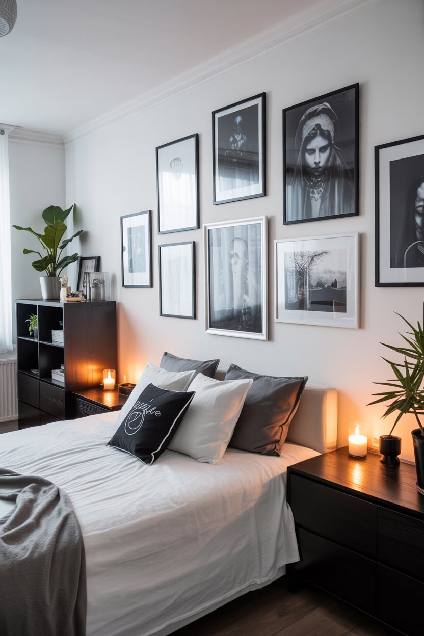 White bedroom with extensive gallery wall and black nightstands