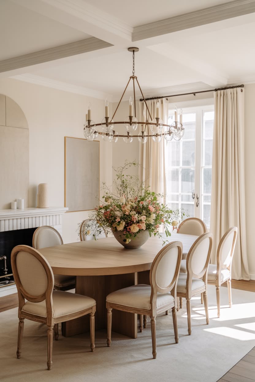 Modern farmhouse dining room with round table, French medallion chairs, and bronze crystal chandelier