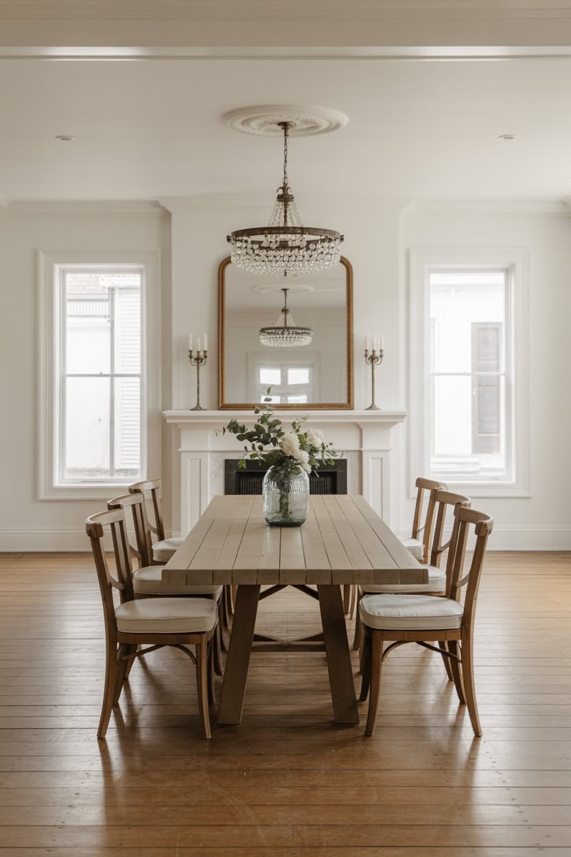 Formal dining room with crystal basket chandelier and fireplace