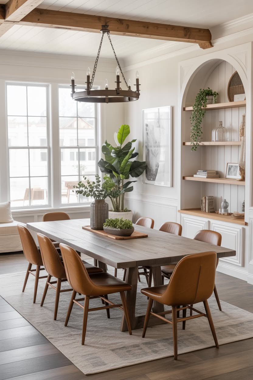 Dining room with exposed wood beam, leather chairs, and built-in shelving