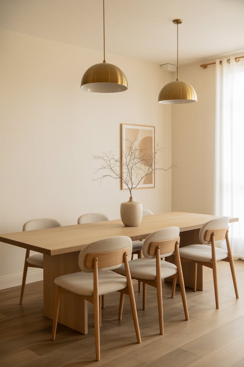 Minimalist dining room with brass dome pendants and modern wood chairs