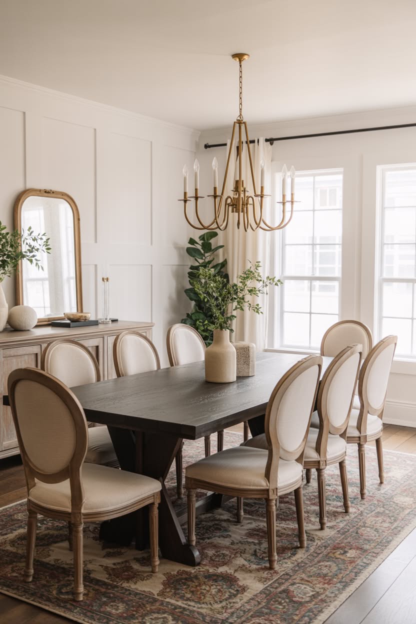 Elegant dining room with black table, medallion chairs, and brass chandelier