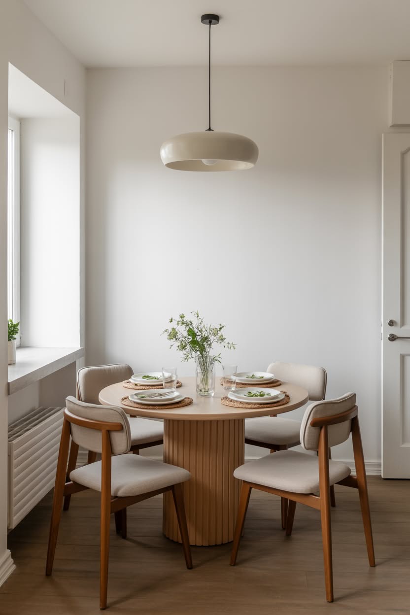 Small round dining table with modern pendant light and upholstered chairs