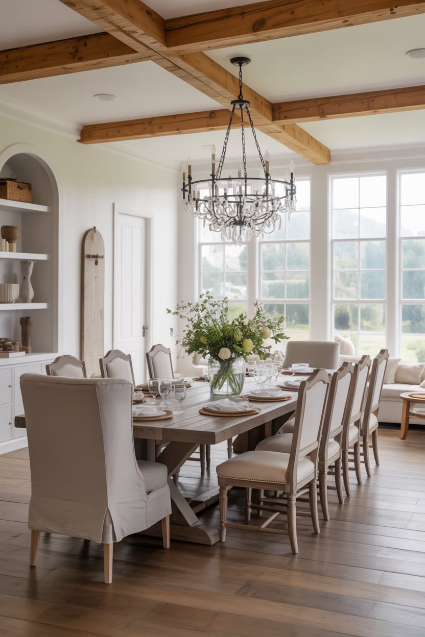 Dining room with exposed wood beams, crystal chandelier, and mixed seating