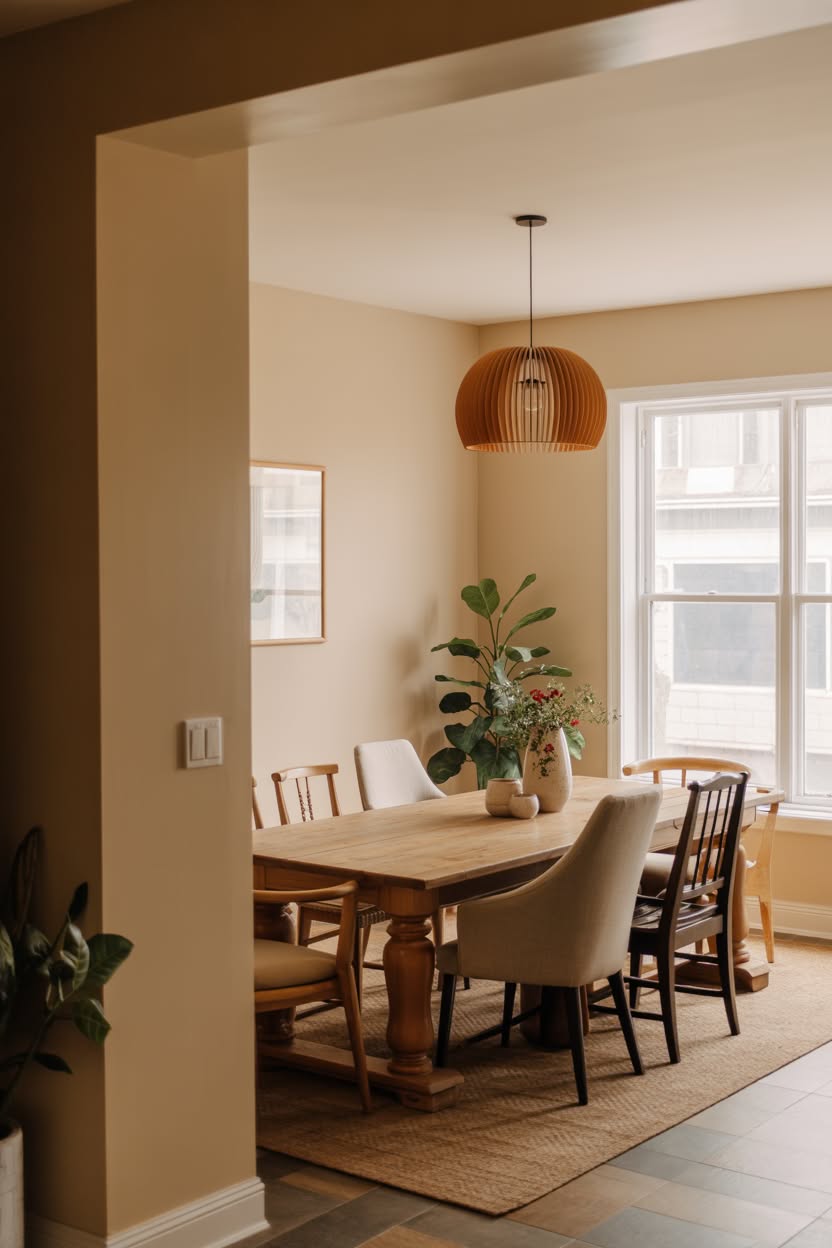 Warm beige dining room with wood pendant light and mixed chair styles